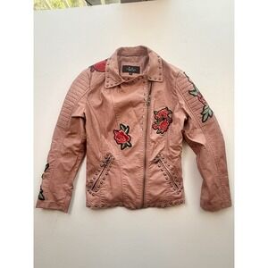 LA Coalition Women M Dusty Rose Embroidered Studded Faux Leather Moto Jacket Y2K